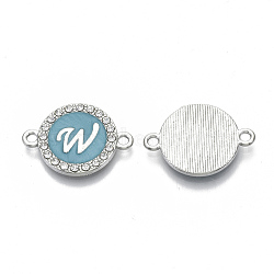 Alloy Enamel Links Connectors, with Crystal Rhinestones, Flat Round with Letter, Silver Color Plated, Letter.W, 22x16x2mm, Hole: 1.8mm(ENAM-TAC0003-01S-06W)