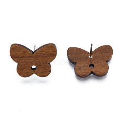 Walnut Wood Stud Earring Findings, with Hole and 304 Stainless Steel Pin, Butterfly, Camel, 15x19.5mm, Hole: 2mm, Pin: 0.7mm(MAK-N032-051)