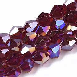 Electroplate Glass Beads Strands, AB Color Plated, Faceted, Bicone, Dark Red, 7.5~8x7.5~8mm, Hole: 1.5mm, about 40pcs/strand, 11.81 inch(EGLA-Q118-8mm-B21)