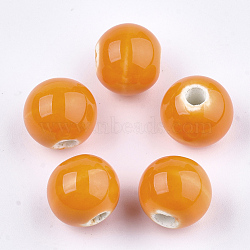 Handmade Porcelain Beads, Bright Glazed Porcelain, Round, Dark Orange, 10~10.5x9.5~10mm, Hole: 2.5~3mm(PORC-S499-01B-05)