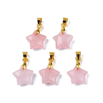 Natural Rose Quartz Charms, with Golden Plated Brass Findings, Faceted Star, Star: 12x12.5x5.5mm, Hole: 3.5x4mm