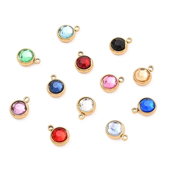 304 Stainless Steel Charms, with Acrylic Rhinestone, Birthstone Charms, Faceted, Flat Round, Golden, Mixed Color, 10x8x4mm, Hole: 1.3mm