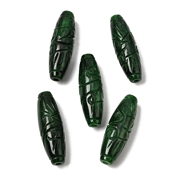Natural Myanmar Jade Dyed Beads, Carved Long Oval Beads, Dark Green, 39.5~40x12~12.5mm, Hole: 2mm