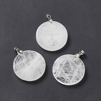 Natural Quartz Crystal Pendants, Rock Crystal Pendants, Flat Round Charms with Tree of Life Pattern, with Rack Plating Platinum Tone Brass Findings, Cadmium Free & Lead Free, 30x4~8mm, Hole: 4x4mm