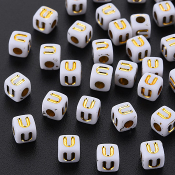 Opaque White Acrylic Beads, Metal Enlaced, Cube with Letters, Letter.U, 4.5mm, Hole: 2mm, about 5000pcs/500g