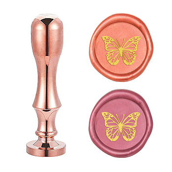DIY Scrapbook, Brass Wax Seal Stamp Flat Round Head and Handle, Rose Gold, Butterfly Pattern, 25mm