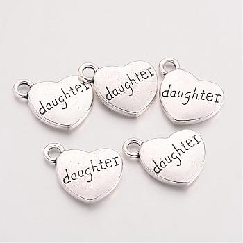 Tibetan Style Heart Alloy Pendants, with Word Daughter, Cadmium Free & Lead Free, Antique Silver, 18x15x3mm, Hole: 3mm, about 208pcs/500g