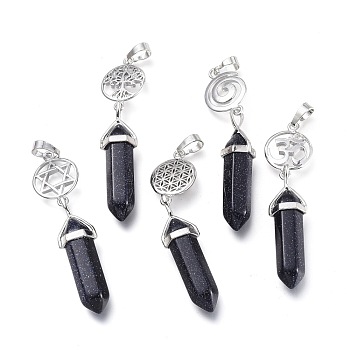 Synthetic Blue Goldstone Pointed Big Pendants, Double Terminated Pointed, with Platinum Plated Brass Findings, Faceted, Bullet, 59~67x14~15mm, Hole: 7x5mm, Gemstone: 41~44x8mm