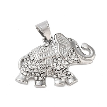 304 Stainless Steel Micro Pave Clear Cubic Zirconia Pendants, Elephant, Stainless Steel Color, 11x44x8mm, Hole: 10x7mm