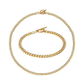 Brass Curb Chain Bracelet & Curb Chain Necklace Sets, with with Enamel and 304 Stainless Steel Toggle Clasps, White, 17-7/8 ~18-1/8 inch (45.5~46cm), 8-1/8 inch(20.5cm), 2pcs/set