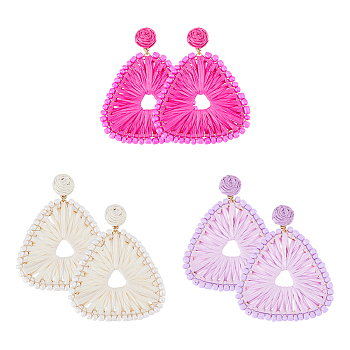 3 Pairs 3 Colors Raffia Grass Braided Triangle Dangle Stud Earrings for Women, Glass Seed Beaded Long Drop Earrings with 304 Stainless Steel Pins, Mixed Color, 73.5x60mm, 1 pair/color