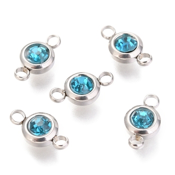 304 Stainless Steel Rhinestone Links Connectors, Flat Round, Stainless Steel Color, Indicolite, 12x6.5x4mm, Hole: 2mm