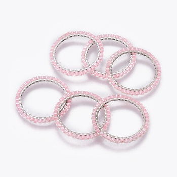MIYUKI & TOHO Handmade Japanese Seed Beads, with 304 Stainless Steel Link Rings, Loom Pattern, Ring, Silver, Pink, 22~23x1.7mm
