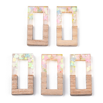 Transparent Resin & White Wood Pendants, Hollow Rectangle Charms with Paillettes, Clear, 28x14.5x3.5mm, Hole: 1.8mm