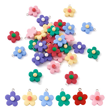 Cheriswelry Resin Pendants, with Platinum Plated Iron Findings, Flower, Mixed Color, 23~24x20~22x9~10mm, Hole: 2mm, 6 colors, 20pcs/color, 120pcs/bag