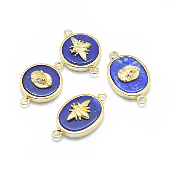 Natural Lapis Lazuli Links connectors, with Brass Findings, Oval and Flat Round, Golden, 22~25x14~15x4~6mm, Hole: 2mm
