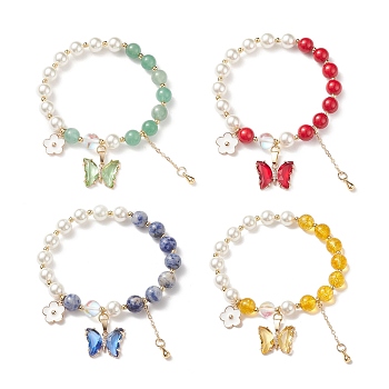 4Pcs 4 Style Round Natural Mixed Gemstone & Shell Pearl Beaded Stretch Bracelets Set, Glass Butterfly & Brass Flower Charms Bracelets for Women, Inner Diameter: 2 inch(5.1cm), 1Pc/style