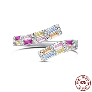Rhodium Plated Sterling Silver Open Cuff Rings, with Colorful Cubic Zirconia, with S925 Stamp, Platinum, US Size 7 1/4(17.5mm)
