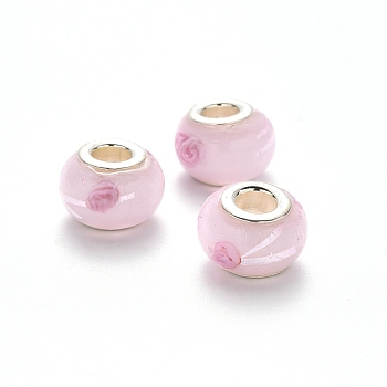 Handmade Lampwork European Beads, Large Hole Rondelle Beads, with Platinum Tone Brass Double Cores, Pearl Pink, 14~15x9~10mm, Hole: 5mm