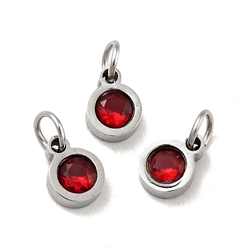 304 Stainless Steel Pendants, with Cubic Zirconia and Jump Rings, Single Stone Charms, Flat Round, Stainless Steel Color, Dark Red, 7.5x5.5x2.5mm, Hole: 3.6mm
