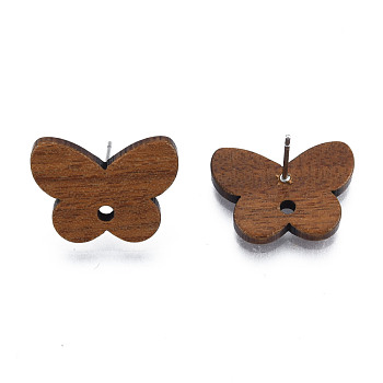 Walnut Wood Stud Earring Findings, with Hole and 304 Stainless Steel Pin, Butterfly, Camel, 15x19.5mm, Hole: 2mm, Pin: 0.7mm