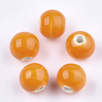 Handmade Porcelain Beads, Bright Glazed Porcelain, Round, Dark Orange, 10~10.5x9.5~10mm, Hole: 2.5~3mm