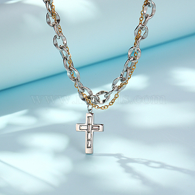 Two Tone Stainless Steel Cross Pendant Necklace with Dapped Chains(QS5537)-2