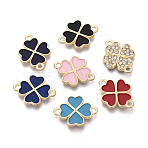 Saint Patrick's Day Alloy Shamrock Connector Charms, with One Sided Rhinestone & One Sided Enamel, Clover Links, Light Gold, Mixed Color, 21x16x2.5mm, Hole: 1.6~1.8mm(FIND-N008-23KCG)