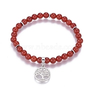 Natural Carnelian Charm Bracelets, with Brass Findings, Flat Round with Tree of Life, 2-1/8 inch(5.5cm)~2-1/4 inch(5.6cm), beads: 6~6.5mm, Pendant: 18x15~15.5x2mm(BJEW-I275-B05)