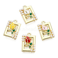 Rack Plating Alloy Enamel Pendants, with ABS Imitation Pearls Beads, Cadmium Free & Lead Free, Rectangle with Rose, Golden, Mixed Color, 18.5x12.5x4mm, Hole: 1.2mm(PALLOY-F286-07-G)