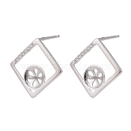 925 Sterling Silver Micro Pave Cubic Zirconia Stud Earring Findings, Rhombus, Clear, Clear, 15.5x15.5x3.5mm, Tray: 4mm, Pin: 0.8mm and 0.9mm(STER-I016-075P)