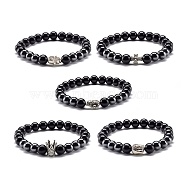 Natural Obsidian & Non-Magnetic Synthetic Hematite Round Beads Stretch Bracelet for Men Women, Alloy Beads Bracelet, mixed Shape, Inner Diameter: 2-1/4 inch(5.6cm)(BJEW-JB06968)