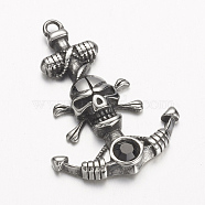 304 Stainless Steel Pendants, Anchor with Pirate Style Skull, Antique Silver, 36.5x25.5x5mm, Hole: 2mm(STAS-E133-033AS)