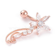 Piercing Jewelry, Brass Micro Pave Clear Cubic Zirconia Navel Rings, Belly Rings, with 304 Stainless Steel Bar, Flower, Rose Gold, 32mm, Bar: 14 Gauge(1.6mm), Bar Length: 3/8"(10mm)(AJEW-P017-08RG)