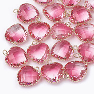 K9 Glass Pendants, Imitation Tourmaline, with Golden Tone Brass Findings, Faceted, Heart, Hot Pink, 20x16.5x8mm, Hole: 2mm(GLAA-Q069-11G)