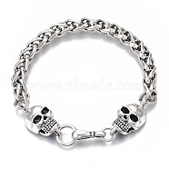 Men's Alloy Wheat Chain Bracelets, Skull, Antique Silver, 8-7/8 inch(22.5cm)(X-BJEW-T014-05AS)