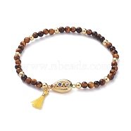 Natural Tiger Eye Stretch Charm Bracelets, with Brass Beads, Brass Micro Pave Cubic Zirconia Links, Polyester Cotton Tassel and Cardboard Packing Box, Cowrie Shell, 2-1/8 inch(5.5cm)(BJEW-JB04849-02)