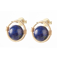 Natural Lapis Lazuli Round Beads Stud Earrings for Girl Women, Wire Wrap Brass Earring, Golden, 12.5x12mm, Pin: 0.7mm(EJEW-JE04666-01)