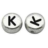 Silver Color Plated Acrylic Horizontal Hole Letter Beads, Flat Round, Letter.K, 7x3.5mm, Hole: 1mm, about 3600pcs/500g(MACR-PB43C9070-K)