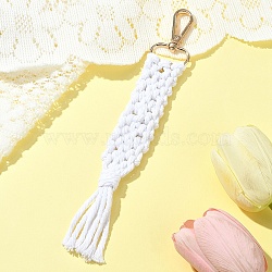 Hand-woven Cotton Pendant Decoration, with Alloy Swivel Lobster Claw Clasps, White, 205mm(HJEW-YW00039-06)