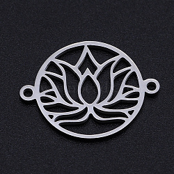 201 Stainless Steel Links, for Chakra, Laser Cut, Round Ring with Lotus Flower, Stainless Steel Color, 17.5x23x1mm, Hole: 1.4mm(STAS-S105-JN898-1)