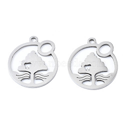 201 Stainless Steel Pendants, Laser Cut, Flat Round with Tree, Stainless Steel Color, 17x15x1mm, Hole: 1.4mm(STAS-T044-251P)