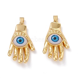 5Pcs Brass Pendants, with Resin Cabochons, Long-Lasting Plated, Hand with Evil Eye, Real 18K Gold Plated, Dodger Blue, 43x23x10mm, Hole: 5x3.5mm(KK-SZ0004-16)