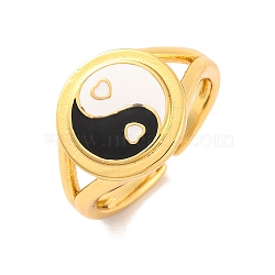 Round with Yin-yang Brass Enamel Open Cuff Rings for Women, Lead Free & Cadmium Free, Black, 13mm, Adjustable(RJEW-U009-11A-G)