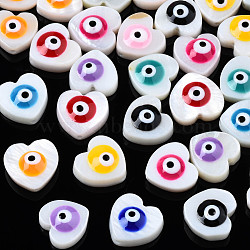 Natural Freshwater Shell Beads, with Enamel, Heart with Evil Eye, Mixed Color, 9~10x9.5~11x4mm, Hole: 0.8mm(SHEL-N003-21)