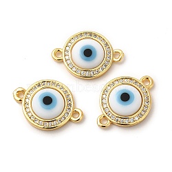 Rack Plating Real 18K Gold Plated Brass Micro Pave Clear Cubic Zirconia Connector Charms, Flat Round with Evil Eye Links, with Handmade Lampwork, Cadmium Free & Lead Free, Long-Lasting, White, 18.5x13x4mm, Hole: 1.4mm(ZIRC-L102-04G-07)