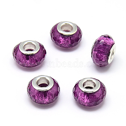 Resin European Beads, Large Hole Beads, with Silver Color Plated Brass Cores, Faceted, Rondelle, Large Hole Beads, Dark Orchid, 13.5~14.5x9mm, Hole: 5mm(RPDL-S009-03)