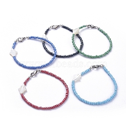 Glass Seed Bead Beaded Bracelets, with Hamsa Hand Natural Shell Beads and 304 Stainless Steel Lobster Claw Clasps, Mixed Color, 7-1/2 inch(19cm)(BJEW-JB05255)