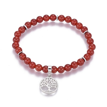 Natural Carnelian Charm Bracelets, with Brass Findings, Flat Round with Tree of Life, 2-1/8 inch(5.5cm)~2-1/4 inch(5.6cm), beads: 6~6.5mm, Pendant: 18x15~15.5x2mm