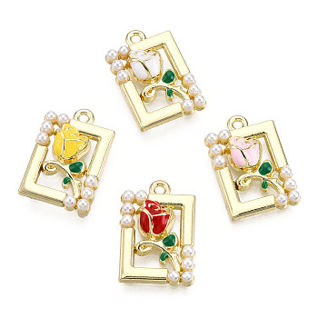 Rack Plating Alloy Enamel Pendants, with ABS Imitation Pearls Beads, Cadmium Free & Lead Free, Rectangle with Rose, Golden, Mixed Color, 18.5x12.5x4mm, Hole: 1.2mm